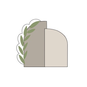 May include: A simple illustration of a gray and beige geometric shape with a green leafy branch on the left side.