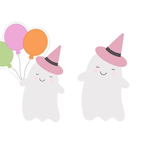 May include: Two cartoon ghosts wearing pink witch hats. One ghost is holding three balloons: green, pink, and orange.