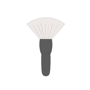 May include: A black makeup brush with a white, fan-shaped brush head.