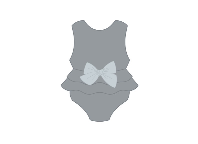 May include: A gray sleeveless bodysuit with a ruffled skirt and a light blue bow at the waist.