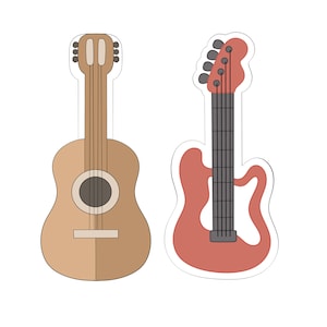 May include: A brown acoustic guitar and a red electric guitar. Both guitars have a sticker-like appearance.