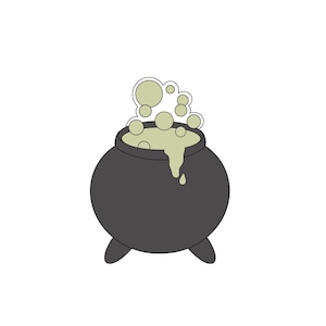 May include: A black cauldron with green bubbling liquid and steam rising from the top. The cauldron is on three legs.