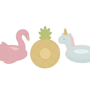 May include: Illustration of three inflatable pool floats: a pink swan, a yellow pineapple, and a light blue unicorn. The floats are designed with soft colors and a minimalist style, perfect for summer fun.