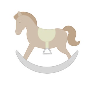 May include: A light brown rocking horse with a light yellow saddle and a gray base.