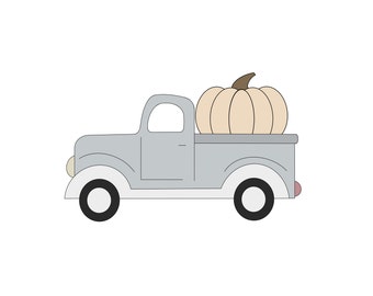 May include: A gray vintage pickup truck with a large beige pumpkin in the bed. The truck has black wheels and a white background.