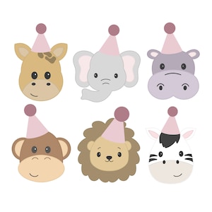 May include: Six cartoon animal faces wearing pink party hats. The animals are a giraffe, elephant, hippopotamus, monkey, lion, and zebra.
