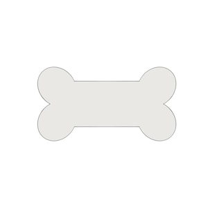 May include: A light gray dog bone shape with rounded ends and a rectangular center. The bone is outlined in black and set against a white background. This image is suitable for pet-related products.