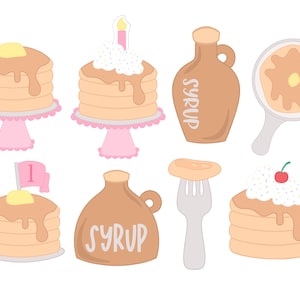 Puede incluir: Un conjunto de ilustraciones de panqueques, jarabe y un tenedor. Los panqueques están apilados y cubiertos con mantequilla, crema batida, chispas y una cereza. El jarabe está en una jarra marrón con la palabra "SYRUP" escrita en ella. El tenedor es plateado y tiene un panqueque en él.