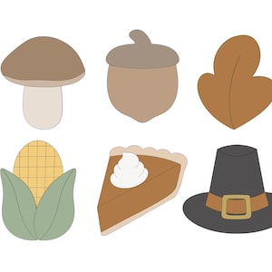 May include: A set of six Thanksgiving-themed cookie cutters. The cutters are shaped like a mushroom, acorn, leaf, corn on the cob, pumpkin pie slice, and a pilgrim hat. The cutters are made of metal and have a silver finish.