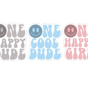 May include: Three stickers with smiley faces and text. One gray sticker says "ONE HAPPY DUDE", a blue sticker says "ONE COOL DUDE", and a pink sticker says "ONE HAPPY GIRL".