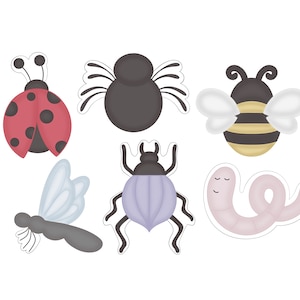 May include: A set of six colorful insect and worm illustrations. The illustrations include a ladybug, spider, bee, beetle, dragonfly, and worm. The illustrations are all in a cartoon style and are perfect for use in a variety of craft projects.
