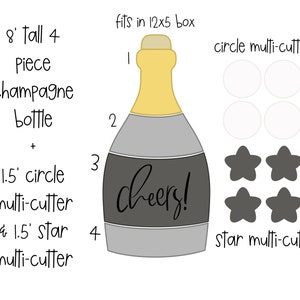 May include: A DIY craft kit for making a champagne bottle shaped cookie cutter. The kit includes a 8-inch tall champagne bottle cookie cutter, 4 1.5-inch circle cookie cutters, and 4 1.5-inch star cookie cutters. The kit fits in a 12x5 inch box.