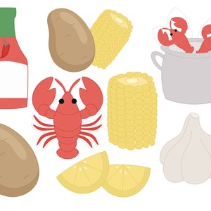 Crawfish Cookie Cutters, Hot Sauce, Potato + Corn, Crawfish in a Pot, Potato, Crawfish, Corn on the Cob, Lemon Slices, or Garlic