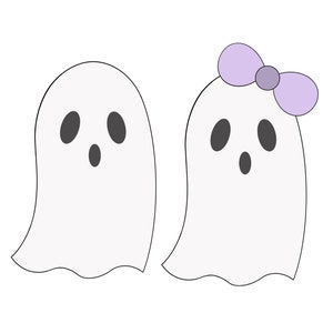 May include: Two cartoon ghosts, one with a purple bow, are looking at each other with their mouths open in a surprised expression.