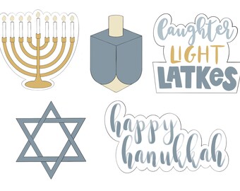 Menorah, Dreidel, Latkes Plaque, Star, and Happy Hanukkah Plaque Cookie Cutters