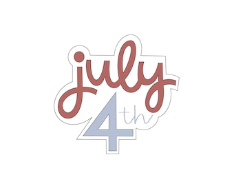 May include: A graphic design featuring the words "July 4th" in a script font. The word "July" is in a reddish-brown color, and the "4th" is in a light blue color, all outlined in black.