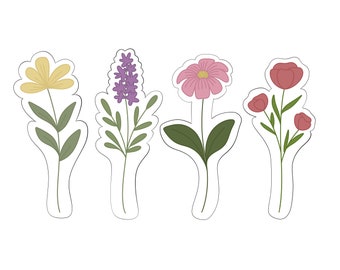 May include: Four different flower illustrations with white outlines. The flowers are a yellow flower, a purple flower, a pink flower, and a red flower.