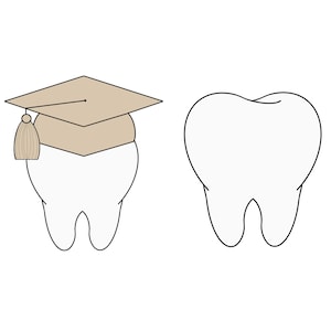 Può includere: Un dente bianco che indossa un cappello di laurea marrone. Il dente è un simbolo di salute dentale ed educazione.