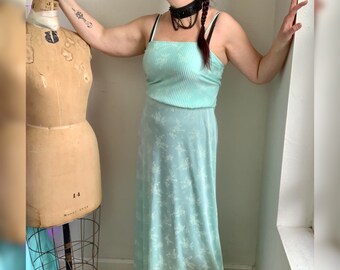 Women’s Vintage 70’s Maxi Dress. Light Mint Green and White Floral.