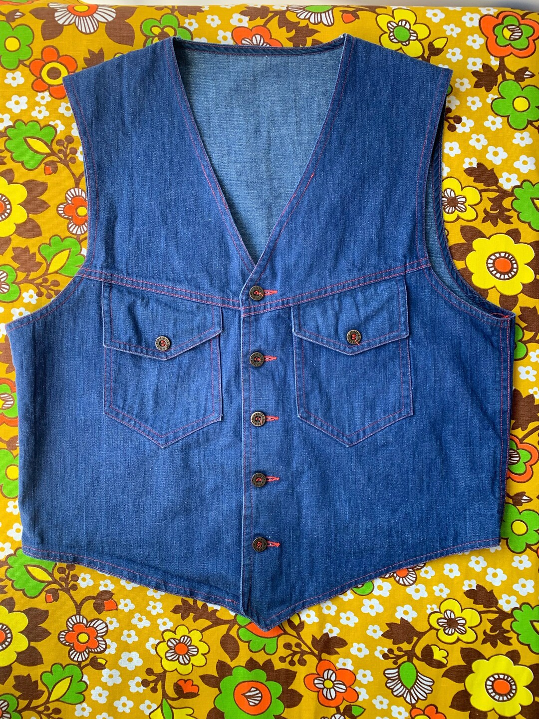 Mens Vintage 70s Denim Vest. Dark Wash W/ Red Topstitching. Etsy