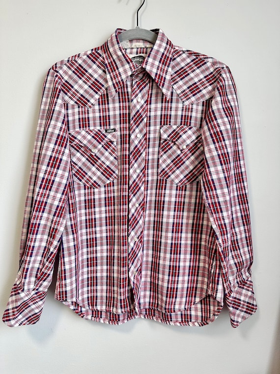 Vintage 70s Mens Western Snap Shirt. Red, White &… - image 1