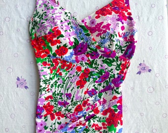 Vintage 70s Floral One Piece Swimsuit: White, Purple, Pink - Medium