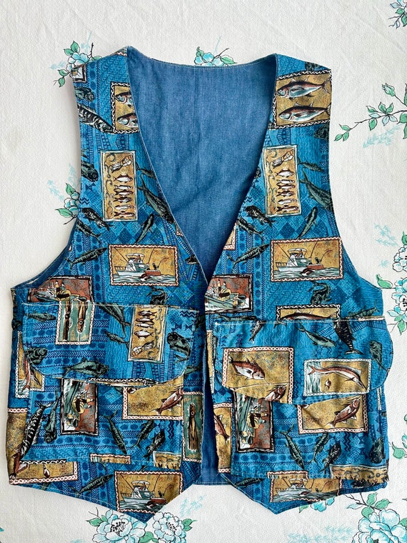 Vintage Fisherman Novelty Print Vest. Huge Pocket… - image 6