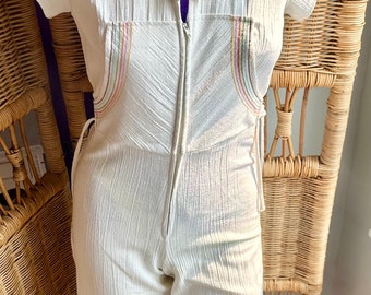 Vintage 70s Jumpsuit. Off-White Rainbow Embroidered Bell Bottom Hooded Romper! SUPER RARE. Size Small. 70s denim Hippie Jumpsuit.