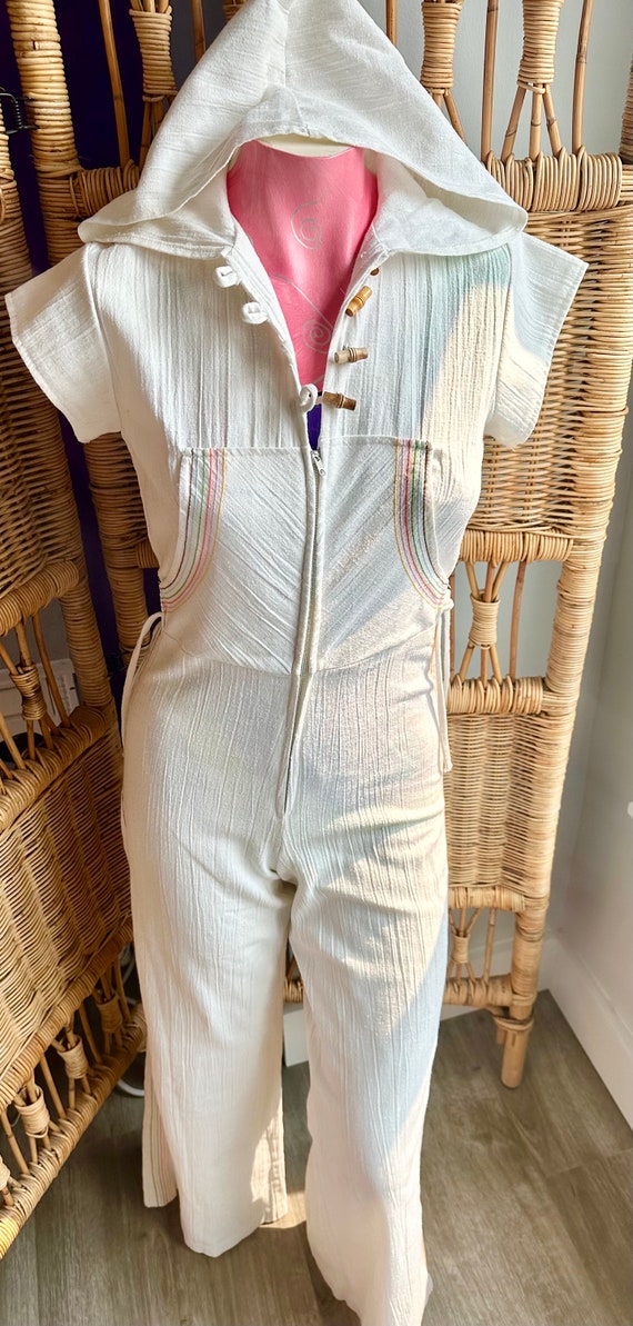 Vintage 70s Jumpsuit. Off-White Rainbow Embroidere