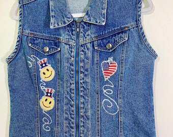 Vintage 90s Embellished Denim Vest. Smiley Face, Patriotic
