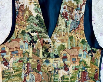 Vintage 80s Ladies Tapestry Vest. Equestrian Print. Cottage Core. Size Medium. Made in USA. Horse Riding Tapestry Print. True Vintage.