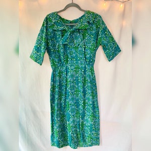 Women’s Vintage 60s R&K Originals Cotton Day Dress. Teal Green, Periwinkle, Blue Cream Floral Print. Size Medium. Madmen Retro 1960s Dress
