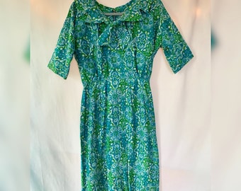 Women’s Vintage 60s R&K Originals Cotton Day Dress. Teal Green, Periwinkle, Blue Cream Floral Print. Size Medium. Madmen Retro 1960s Dress