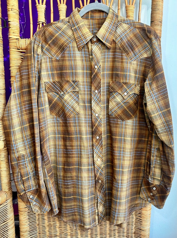 Men’s Vintage Western Snap Shirt. Tan, Brown, Blu… - image 4