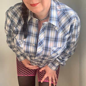 Men’s Vintage 70s Pearl Snap Western Shirt. Blue, Black, Grey & White Plaid. Rockabilly Retro Western Wear Shirt. 47 Chest L/XL