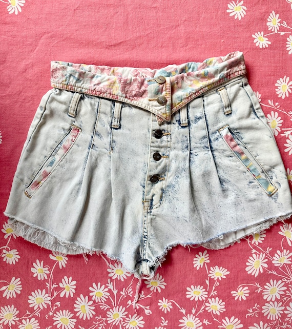 Vintage 80s Fold Down Acid Wash Cut Off Shorts. S… - image 1