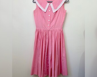 1950s Pink Cotton Micro Plaid Summer Dress. Retro 50s Day Dress. Size Small.