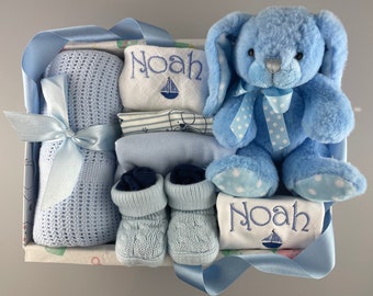 Baby Boy personalisierte Luxus Geschenkkorb, Erinnerungsbox, Baby Geschenk für Babyparty, neue Eltern, Neugeborene, Neuankömmling, Mädchen, Unisex