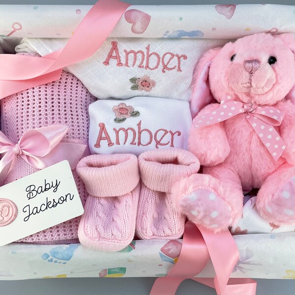 Baby Mädchen personalisierte Luxus Geschenkkorb, Erinnerungsbox, Baby Geschenk für Babyparty, neue Eltern, Neugeborene, Neuankömmling, Junge, Unisex