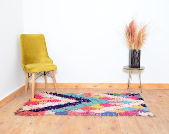 Vintage Colorful Moroccan Boucherouite Rug: Handmade Wool Nursery