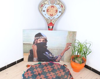 Marokkaans Vloerkleed 31 inch - bouchrwite Rond vloerkleed. Handgeweven antiek gekrompen vloerkleed in Berber / Berber tapijt. Naturel (80cm)