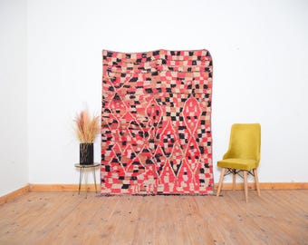 Tapis Boujaad vintage : laine berbère fait main, décor bohème coloré (6,8 x 5,2 pi)