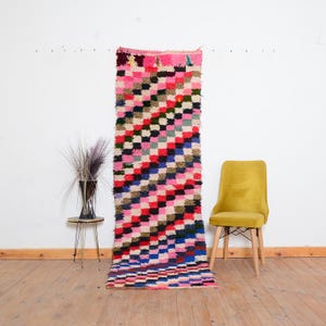 Runner Moroccan Rug, Authentic Moroccan Rug, Pink Runner Rug, Boucherouite Runner rug, Wool Runner, Bohemian Berber Rug