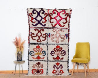 Vintage Moroccan Boucherouite Rug: Handmade Berber Wool Rug, 7.5 x 4.2 ft