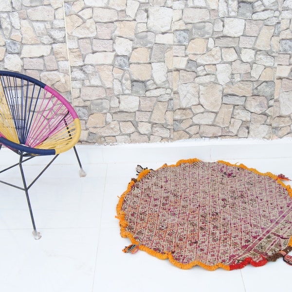 Round Rug 35 inch - Moroccan rug Handwoven Antique Vintage Rug in Berber Handmade Round Rug Natural (90cm)