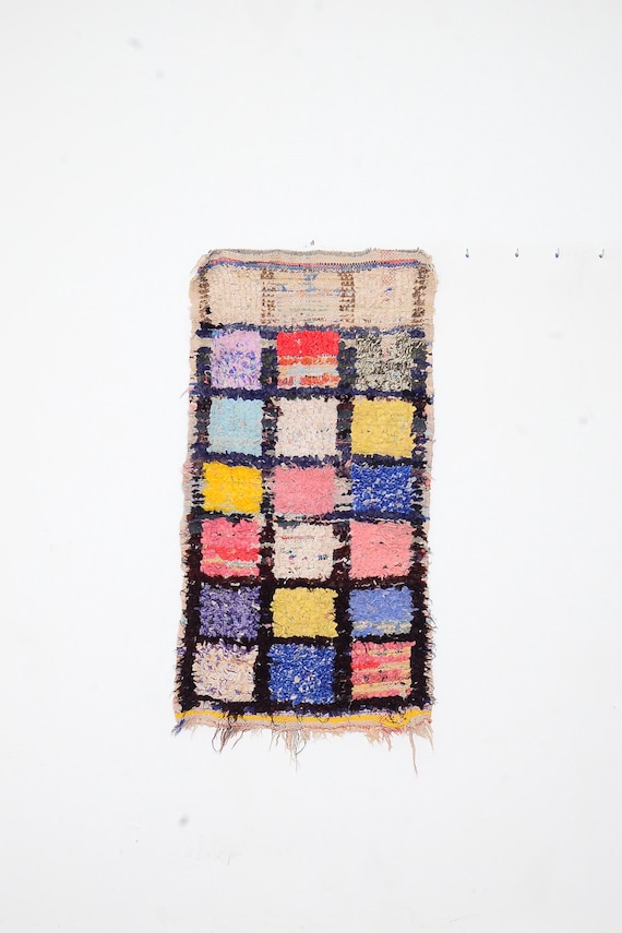 small Moroccan vintage rug , Moroccan colorful rug , Antique Boucherouite Rug , Berber Handmade Rug