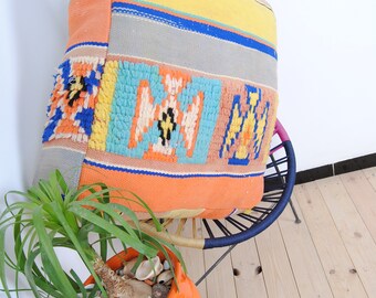 Vintage Moroccan Floor Cushion: Large Wool Pouf, Hand-stitched