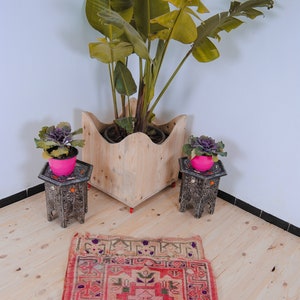 Puede incluir: Dos peque&ntilde;os soportes de plantas de madera con tallas intrincadas, cada uno con una planta en maceta con hojas moradas y una maceta rosa. Una maceta de madera grande con un borde ondulado contiene una planta verde grande con hojas largas. Una alfombra de patr&oacute;n rojo y crema est&aacute; en el suelo de madera.
