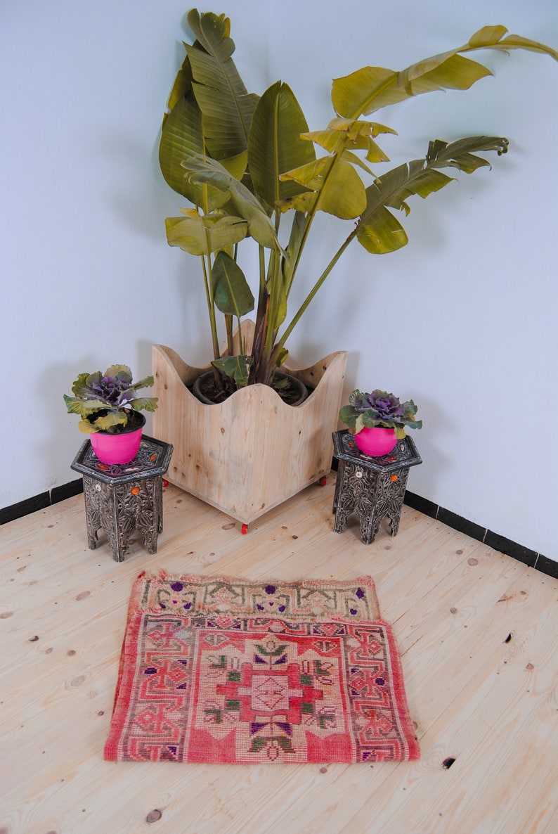 Puede incluir: Dos peque&ntilde;os soportes de plantas de madera con tallas intrincadas, cada uno con una planta en maceta con hojas moradas y una maceta rosa. Una maceta de madera grande con un borde ondulado contiene una planta verde grande con hojas largas. Una alfombra de patr&oacute;n rojo y crema est&aacute; en el suelo de madera.