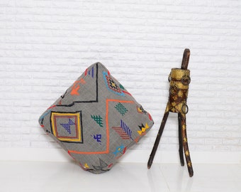 Vintage Moroccan Floor Pouf: Large Wool Cushion, Hand-stitched
